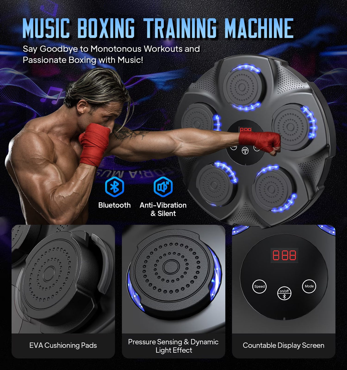 Adult Music Boxing Machine with Boxing Gloves, Oversize Wall Mounted Smart Bluetooth Music Boxing Trainer, Electronic Boxing Target Workout Punching Equipment for Home, Indoor and Gym