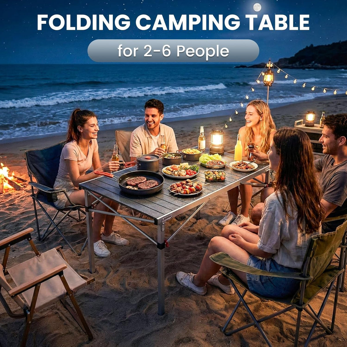 Aluminum Folding Camping Table, 42.1" Foldable Lightweight Roll up Camp Table Heavy Duty 2-6 People Portable Table for Camping Picnic BBQ RV, Indoor & Outdoor, Silver Black