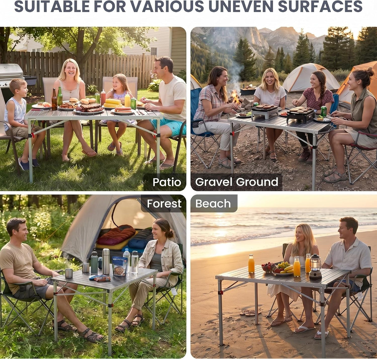Aluminum Folding Camping Table, 42.1" Foldable Lightweight Roll up Camp Table Heavy Duty 2-6 People Portable Table for Camping Picnic BBQ RV, Indoor & Outdoor, Silver Black