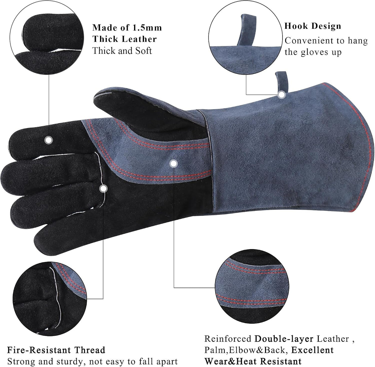 Fireplace Fire Pit Gloves, 662°F Fireproof Leather, 16 in Grey | for Wood Stove, Campfire, Charcoal, Cast Iron, BBQ Grill, Oven, Stick & MIG Welding, Forge, Dry Ice