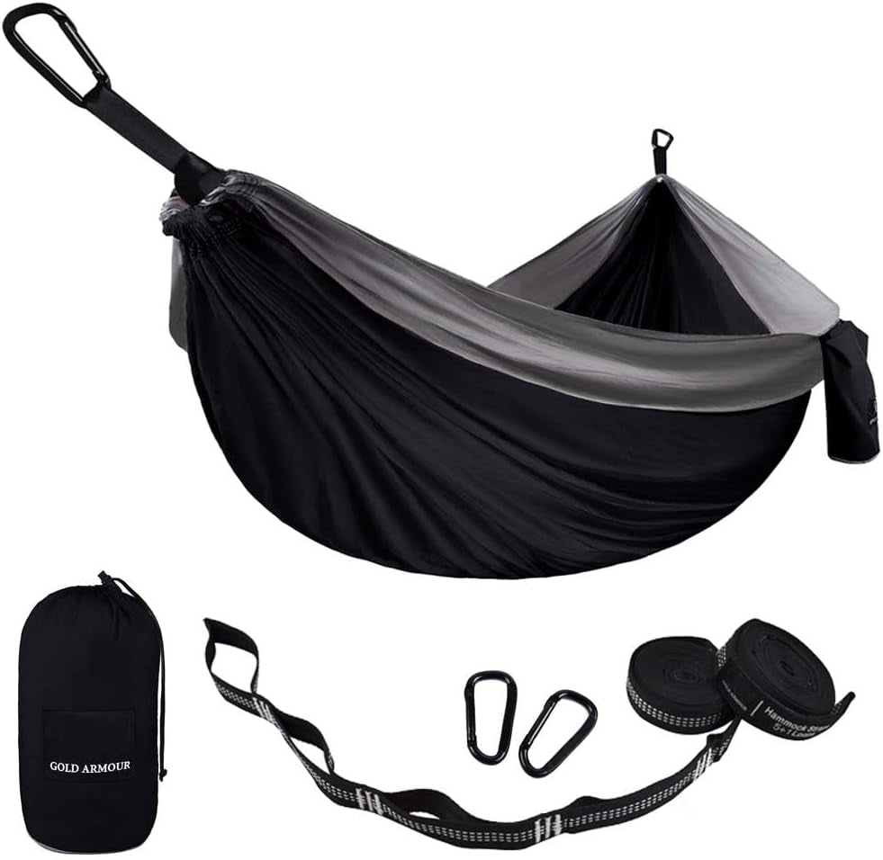Camping Hammock - Portable Hammock Single Hammock Camping Accessories Gear for Outdoor Indoor Adult Kids, USA Based Brand (Black & Grey)