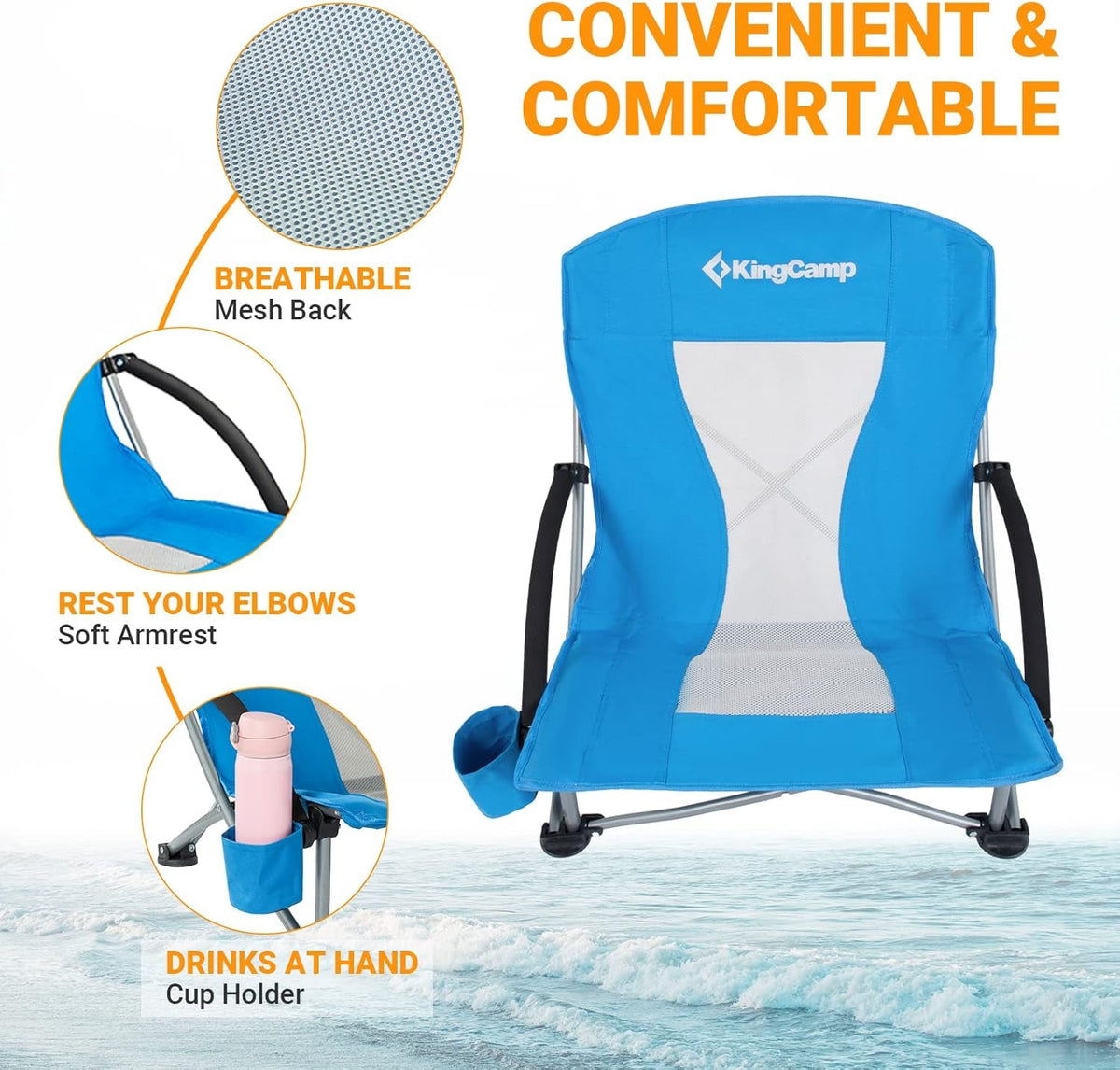 Low Beach Chairs, Folding Portable Chair for Adults Lightweight Extra Wide Seat 300Lbs Heavy Duty Oversized Backpack, Carry Bag for Camping Ergobreeze C Blue 2Pcs/Ergobreeze Classic Mesh Wide