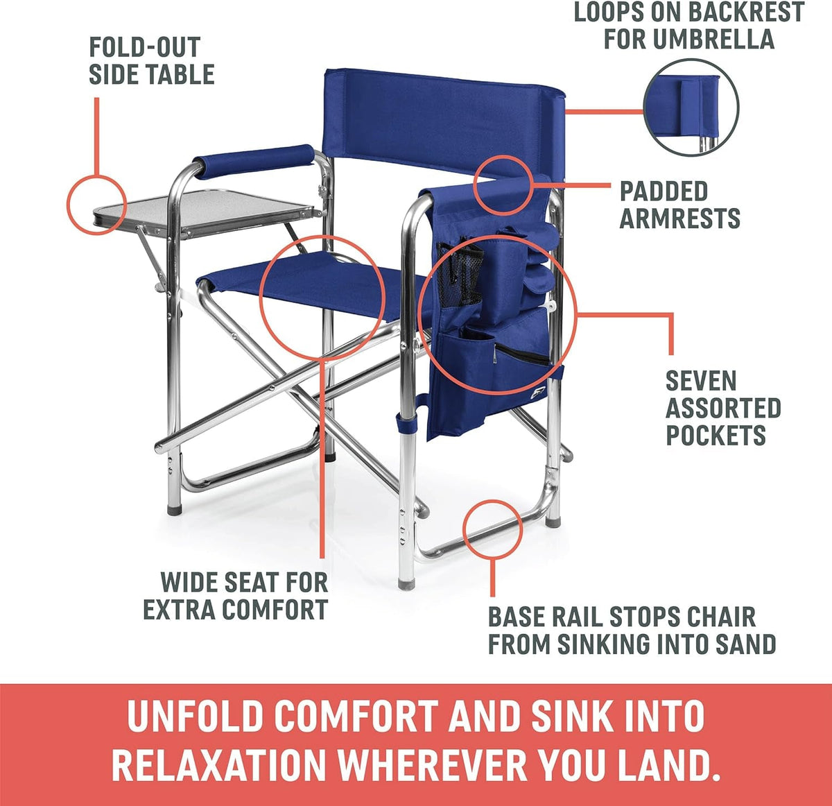 Sports Chair with Side Table and Armrest Caddy, Lightweight Aluminum Folding Outdoor Camping Chair for Adults, Portable Director Style Lawn Seating with Pockets & Carry Strap, (Red)