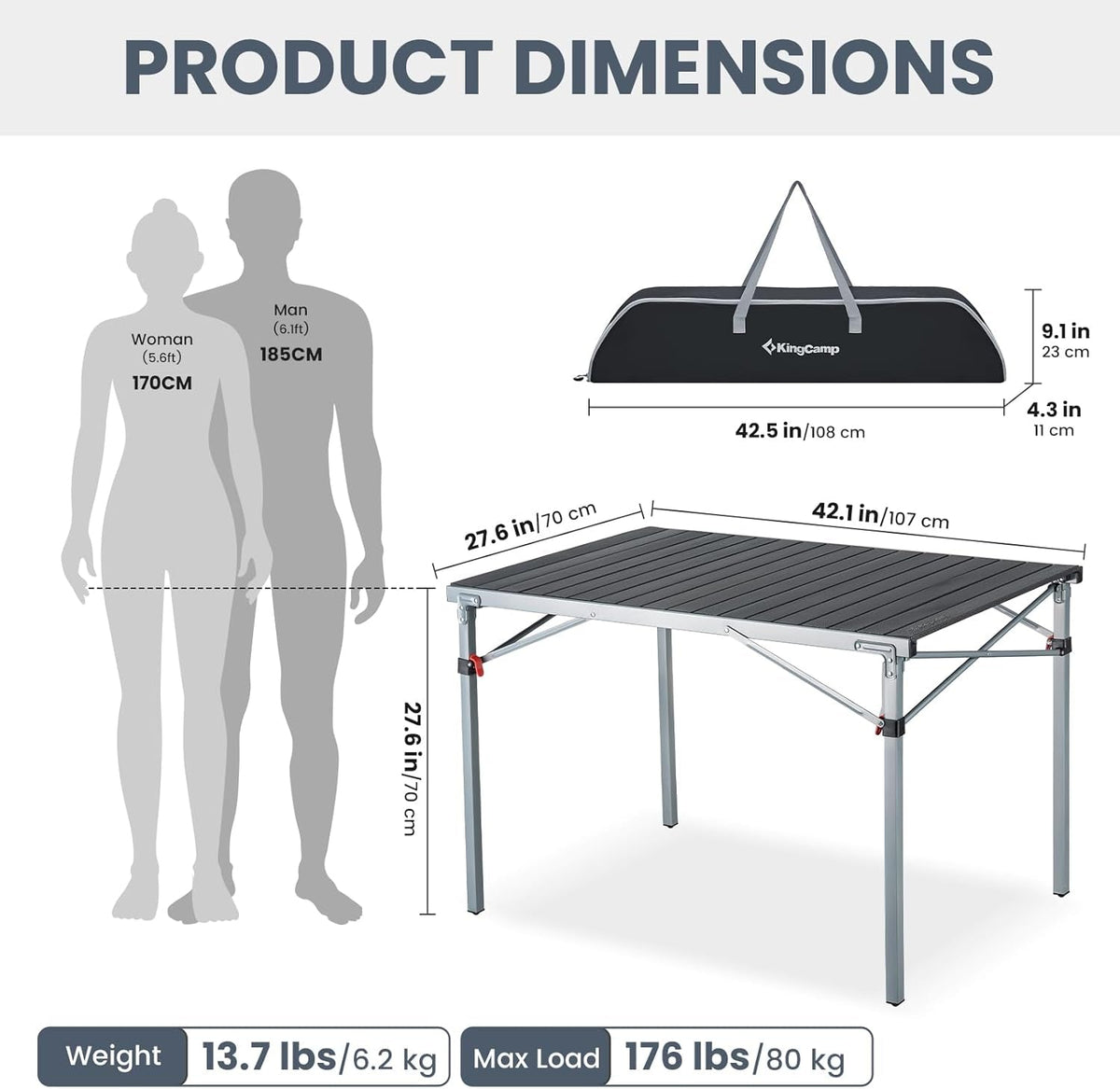 Aluminum Folding Camping Table, 42.1" Foldable Lightweight Roll up Camp Table Heavy Duty 2-6 People Portable Table for Camping Picnic BBQ RV, Indoor & Outdoor, Silver Black