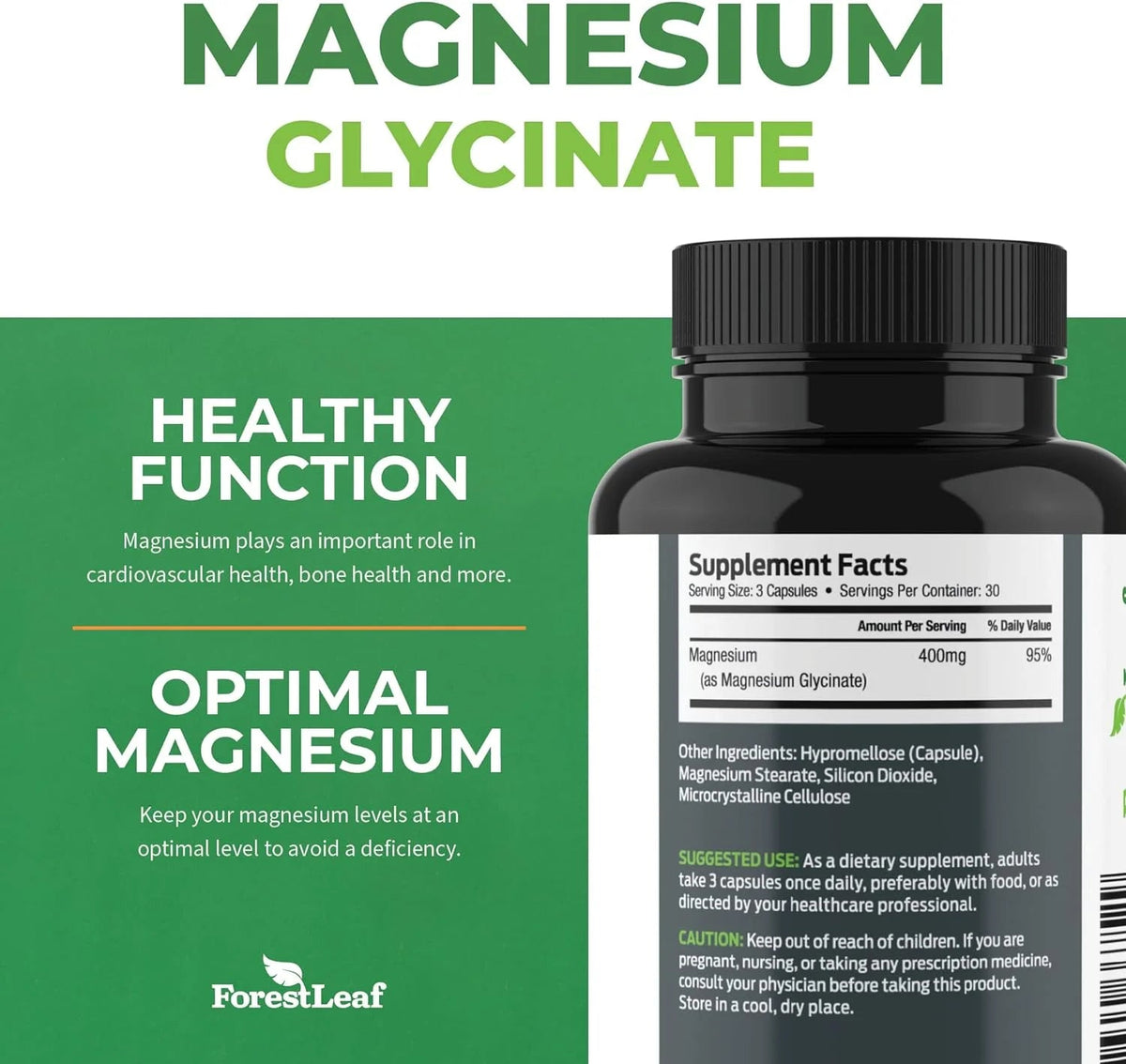 Forest Leaf Pure Magnesium Glycinate Bone Health & Heart Health Supplement, 90 Capsules