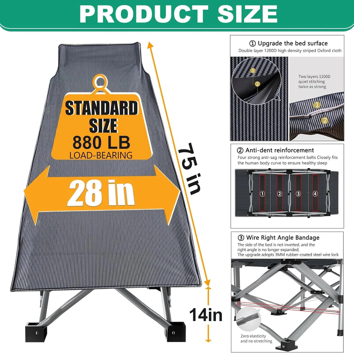 Oversized XXL Folding Camping Cot with 2-Sided Mattress, Portable Folding Cots for Adults, XXL Folding Cot Bed for Sleeping,Tent Cot, Supports 900 Lbs
