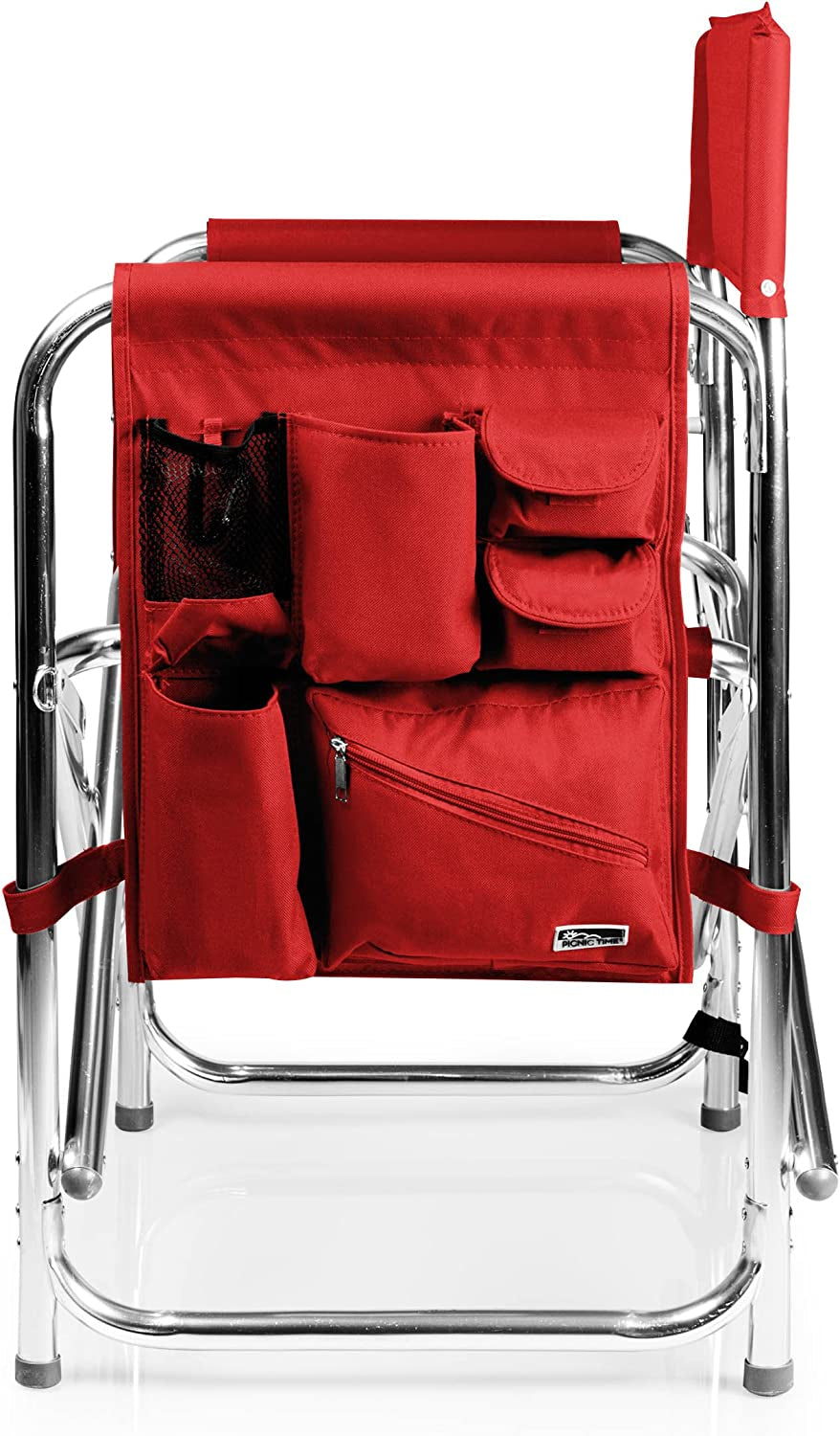 Sports Chair with Side Table and Armrest Caddy, Lightweight Aluminum Folding Outdoor Camping Chair for Adults, Portable Director Style Lawn Seating with Pockets & Carry Strap, (Red)