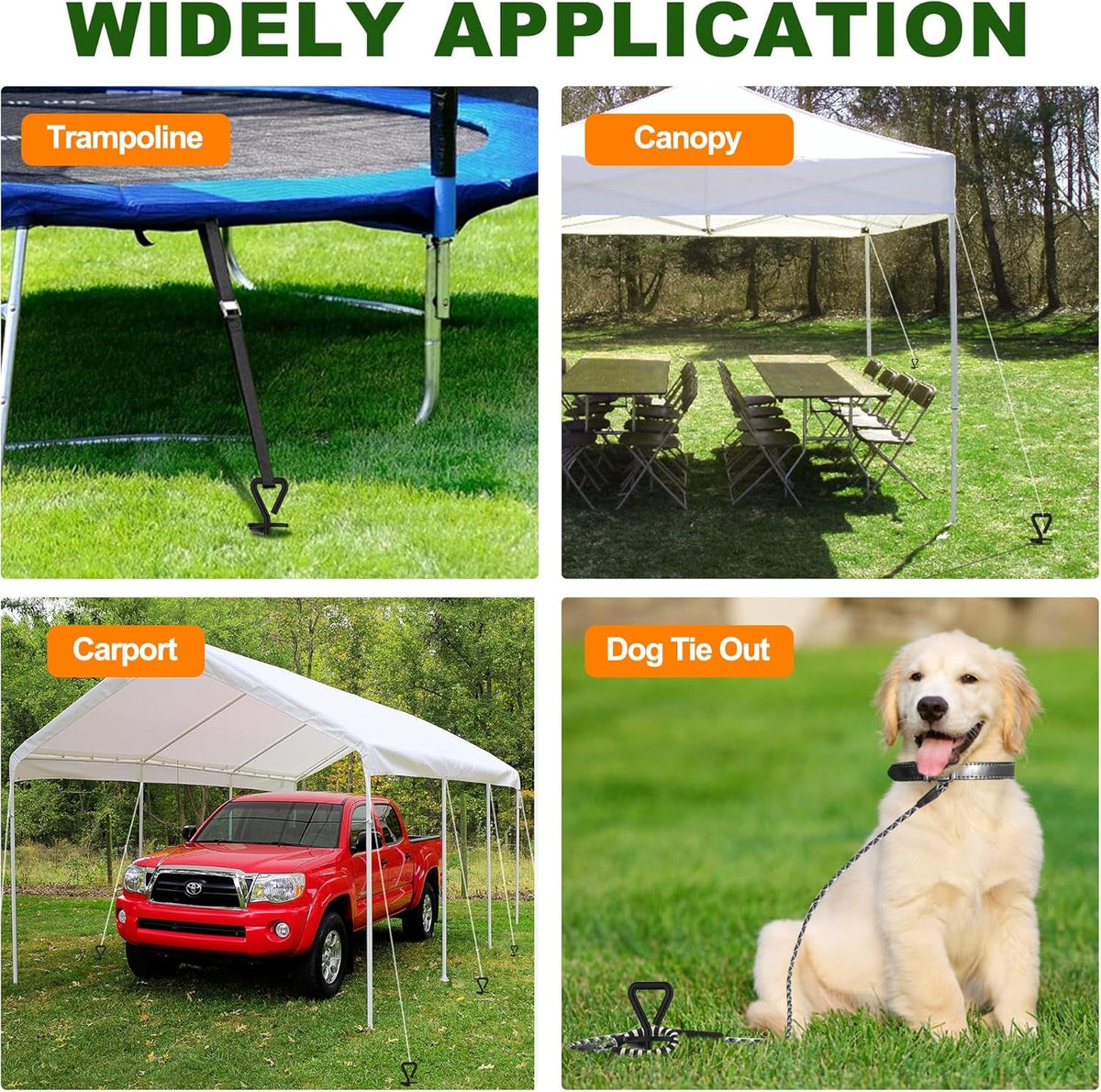USA 4 Pack Heavy Duty Ground Stakes,Industrial Grade Spiral Steel Screw-In Trampoline Anchors with 4 Reinforced Straps,High Wind Stabilizing Kit for Dog Tie-Out,Canopies,Sheds,Swing Sets,Orange