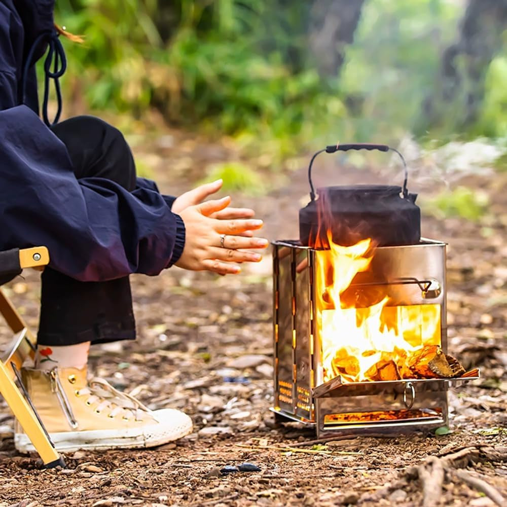 Wood Burning Folding Camp Stove Stainless Steel Grid, Portable Collapsible Backpacking Stove Survival Rocket Stove for Hiking Outdoor Tent Camping Picnic BBQ, Samll