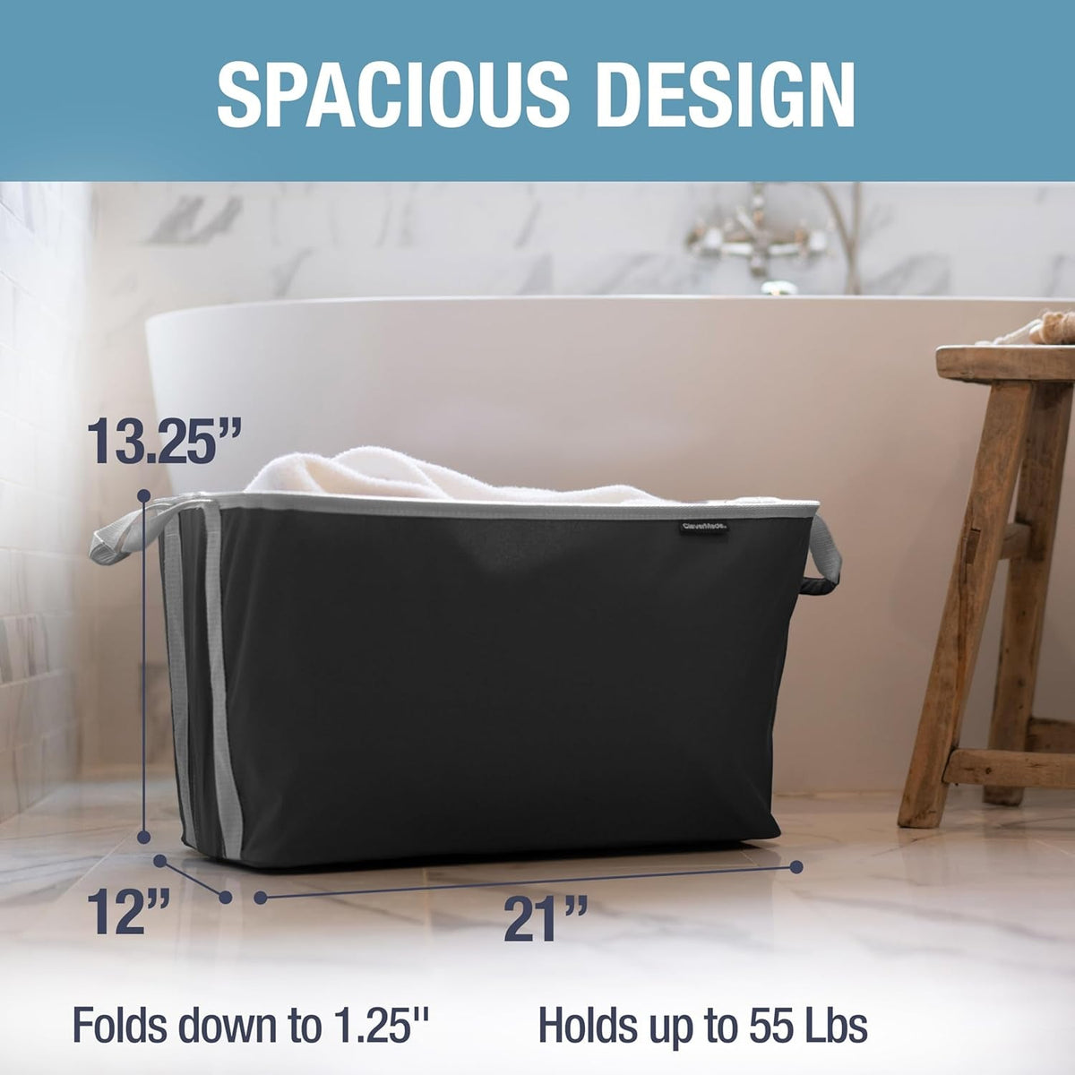 Collapsible Laundry Basket, 60L, 2 Pack, Black | Each Basket Supports 55 Lb and Stays Upright While Loading, Then Folds to 1.25 Inches for Closets, Dorms, and Rvs.