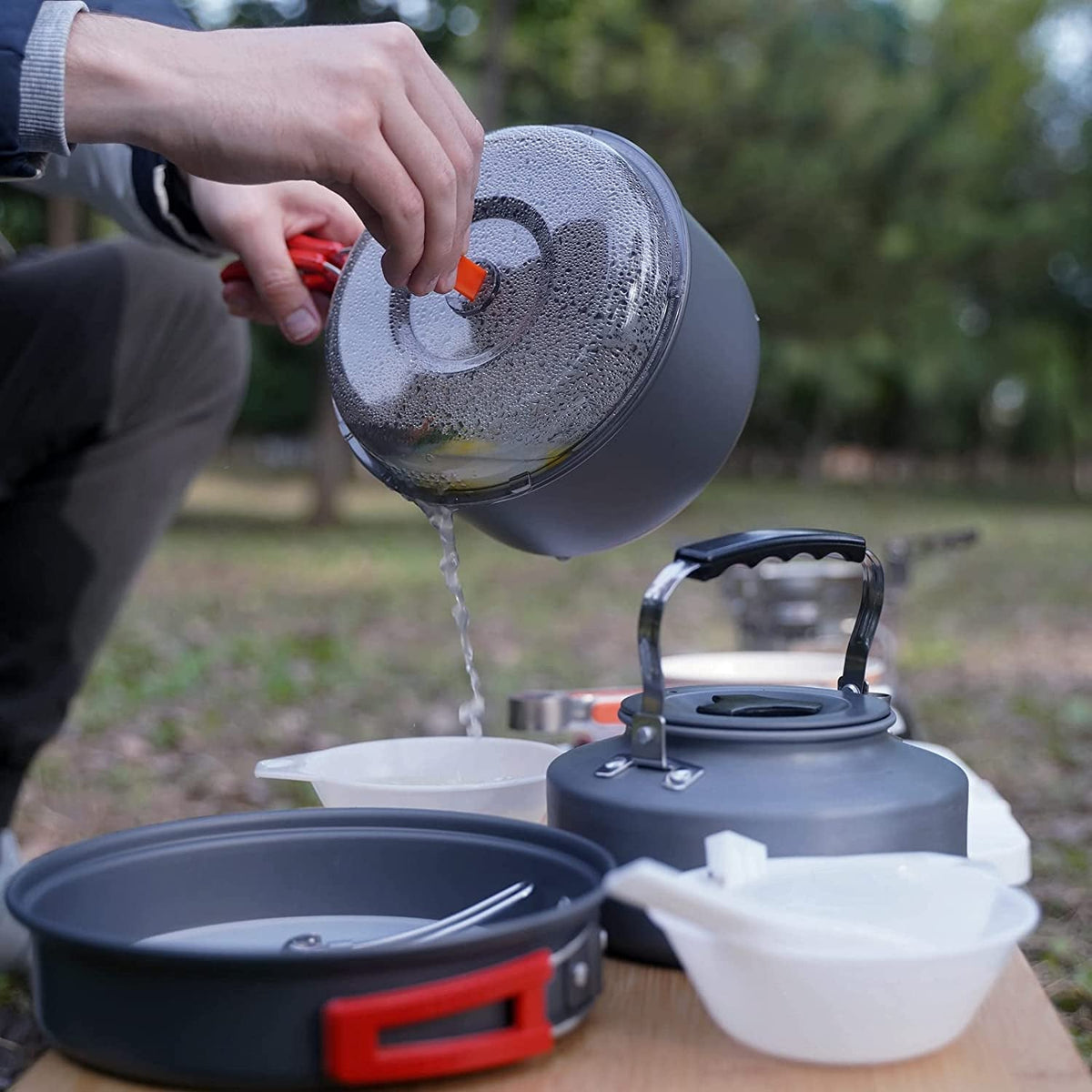 Camping Cookware, Portable Pots Kettle and Pans Set, 13 PCS for 3-4 | Lightweight Backpacking Cooking Set Outdoor Cook Gear for Family Hiking Picnic (Kettle Pot, Frying Pan, Bowls, Plates, Spoon)