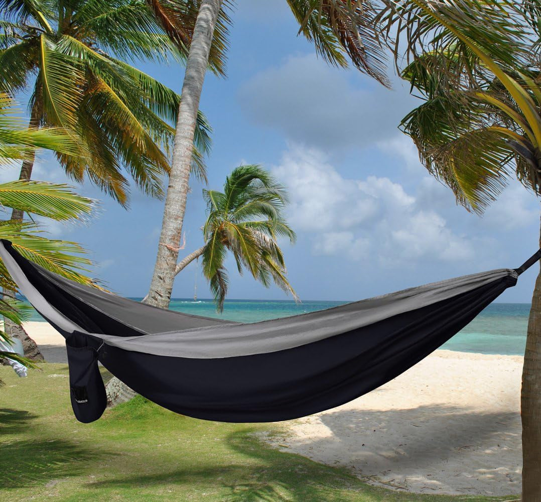Camping Hammock - Portable Hammock Single Hammock Camping Accessories Gear for Outdoor Indoor Adult Kids, USA Based Brand (Black & Grey)