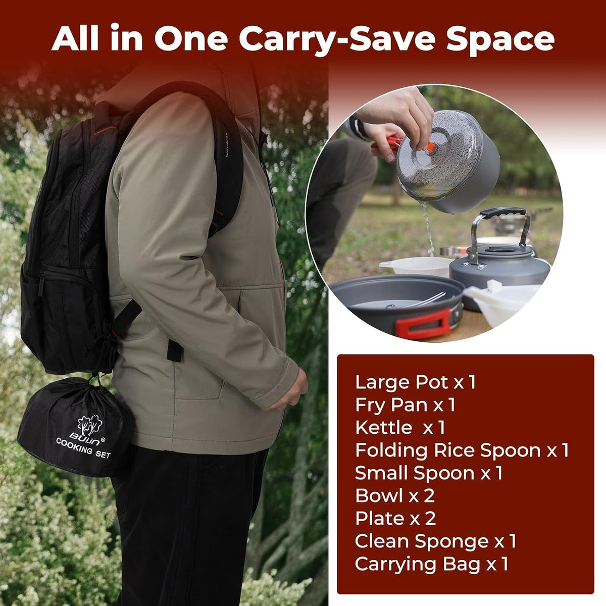 Camping Cookware, Portable Pots Kettle and Pans Set, 13 PCS for 3-4 | Lightweight Backpacking Cooking Set Outdoor Cook Gear for Family Hiking Picnic (Kettle Pot, Frying Pan, Bowls, Plates, Spoon)