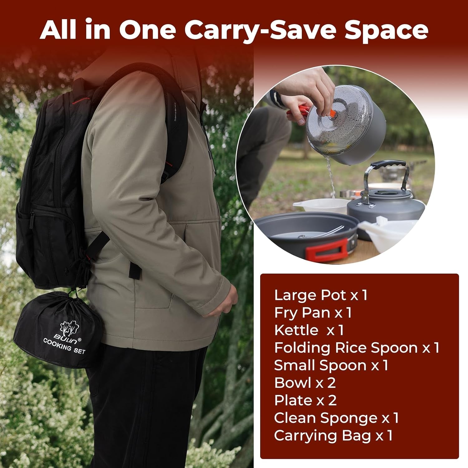 Camping Cookware, Portable Pots Kettle and Pans Set, 13 PCS for 3-4 | Lightweight Backpacking Cooking Set Outdoor Cook Gear for Family Hiking Picnic (Kettle Pot, Frying Pan, Bowls, Plates, Spoon)