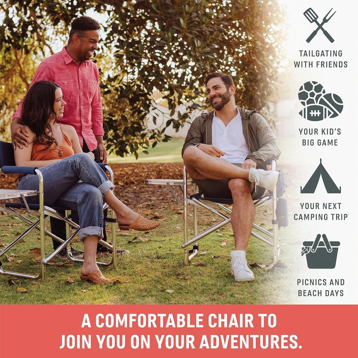 Sports Chair with Side Table and Armrest Caddy, Lightweight Aluminum Folding Outdoor Camping Chair for Adults, Portable Director Style Lawn Seating with Pockets & Carry Strap, (Red)