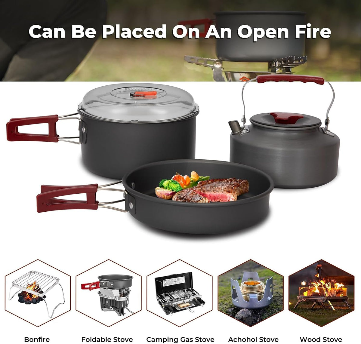 Camping Cookware, Portable Pots Kettle and Pans Set, 13 PCS for 3-4 | Lightweight Backpacking Cooking Set Outdoor Cook Gear for Family Hiking Picnic (Kettle Pot, Frying Pan, Bowls, Plates, Spoon)