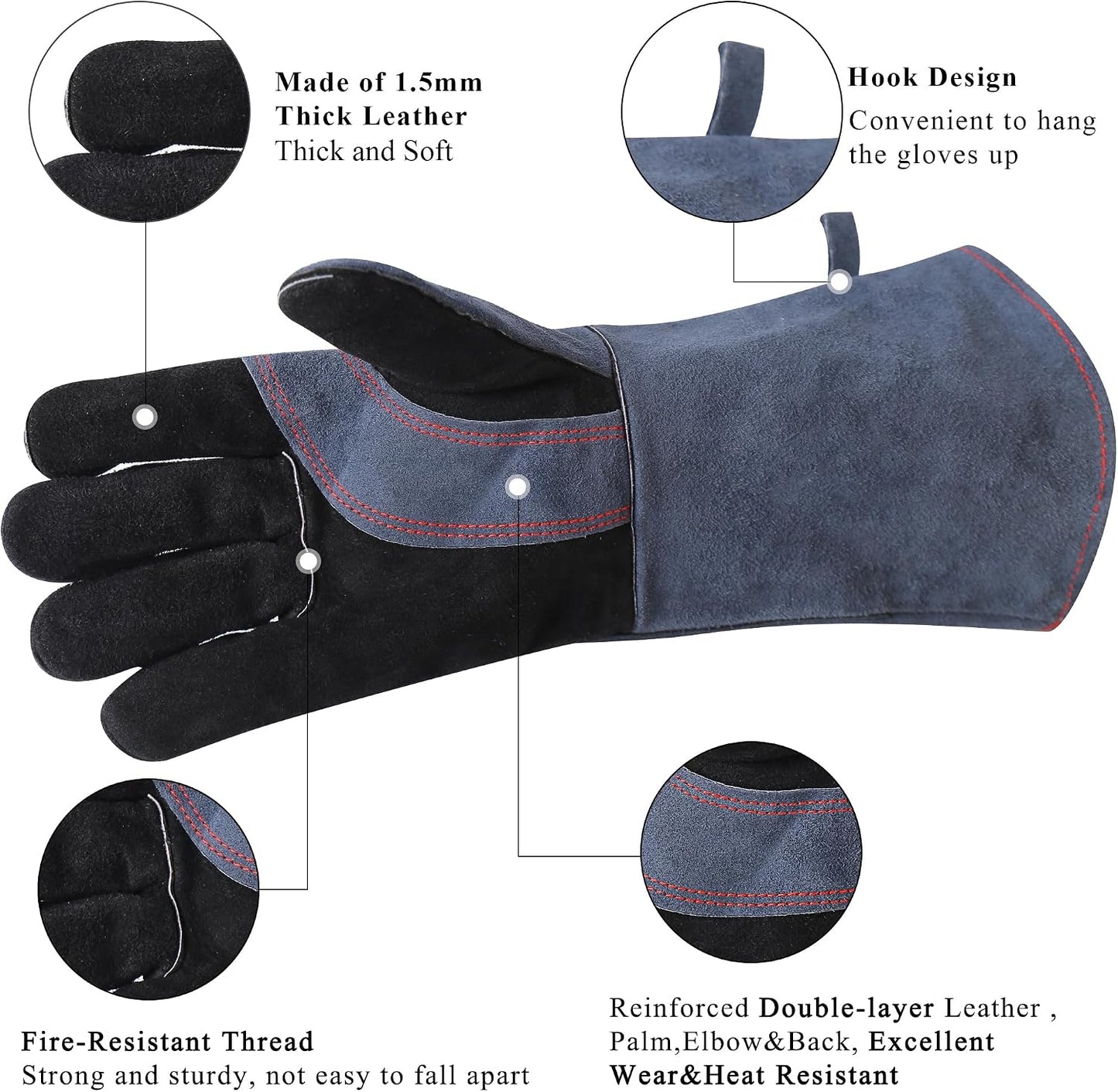 Fireplace Fire Pit Gloves, 662°F Fireproof Leather, 16 in Grey | for Wood Stove, Campfire, Charcoal, Cast Iron, BBQ Grill, Oven, Stick & MIG Welding, Forge, Dry Ice