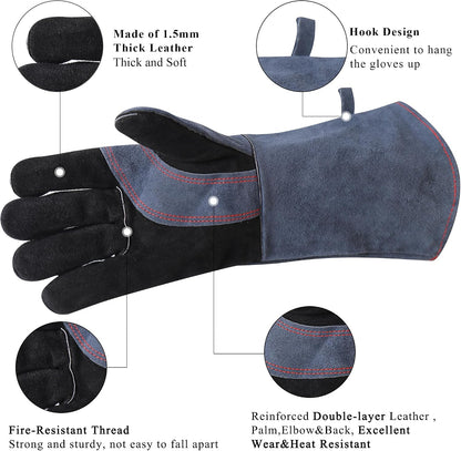 Fireplace Fire Pit Gloves, 662°F Fireproof Leather, 16 in Grey | for Wood Stove, Campfire, Charcoal, Cast Iron, BBQ Grill, Oven, Stick & MIG Welding, Forge, Dry Ice