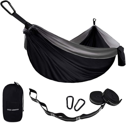 Camping Hammock - Portable Hammock Single Hammock Camping Accessories Gear for Outdoor Indoor Adult Kids, USA Based Brand (Black & Grey)