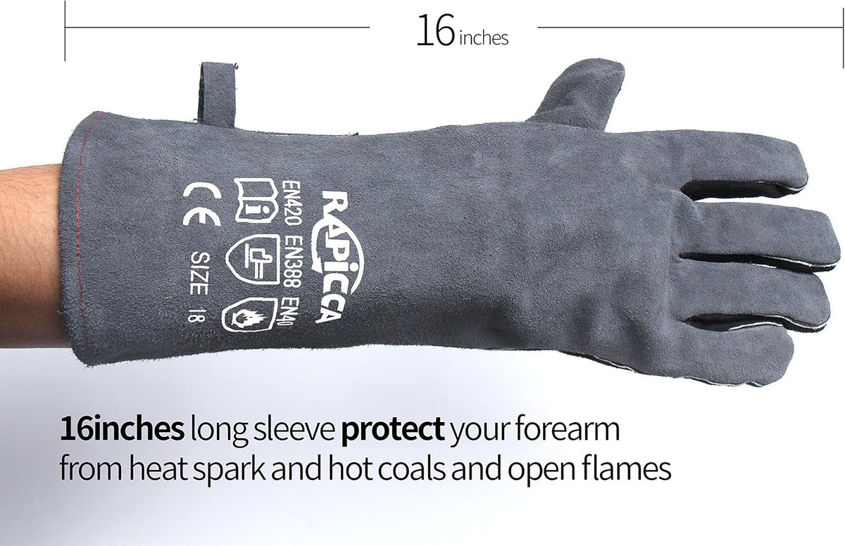 Fireplace Fire Pit Gloves, 662°F Fireproof Leather, 16 in Grey | for Wood Stove, Campfire, Charcoal, Cast Iron, BBQ Grill, Oven, Stick & MIG Welding, Forge, Dry Ice
