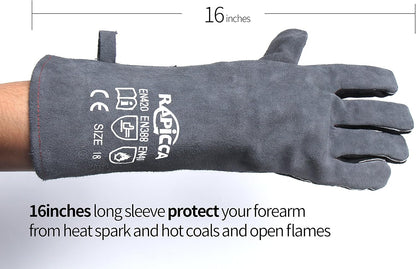 Fireplace Fire Pit Gloves, 662°F Fireproof Leather, 16 in Grey | for Wood Stove, Campfire, Charcoal, Cast Iron, BBQ Grill, Oven, Stick & MIG Welding, Forge, Dry Ice
