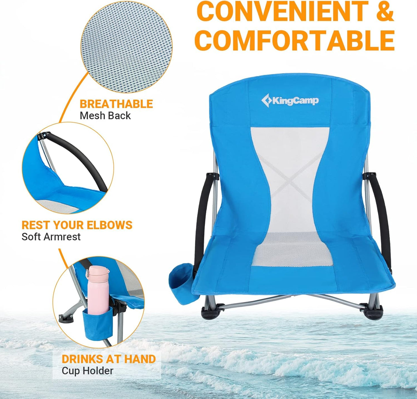 Low Beach Chairs, Folding Portable Chair for Adults Lightweight Extra Wide Seat 300Lbs Heavy Duty Oversized Backpack, Carry Bag for Camping Ergobreeze C Blue 2Pcs/Ergobreeze Classic Mesh Wide