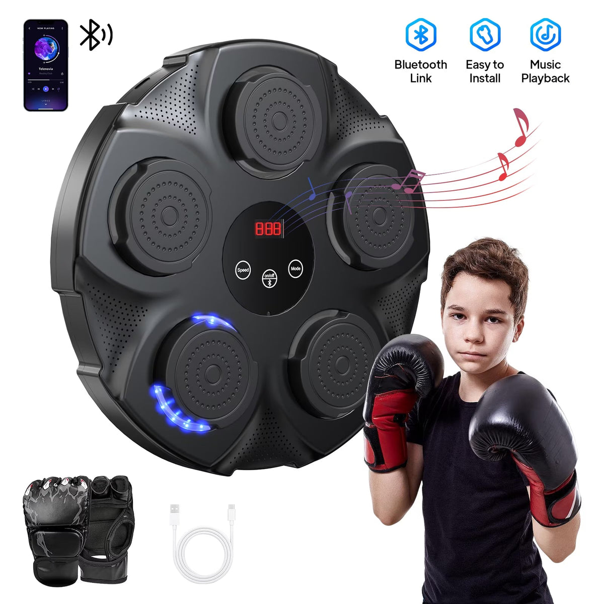 Adult Music Boxing Machine with Boxing Gloves, Oversize Wall Mounted Smart Bluetooth Music Boxing Trainer, Electronic Boxing Target Workout Punching Equipment for Home, Indoor and Gym