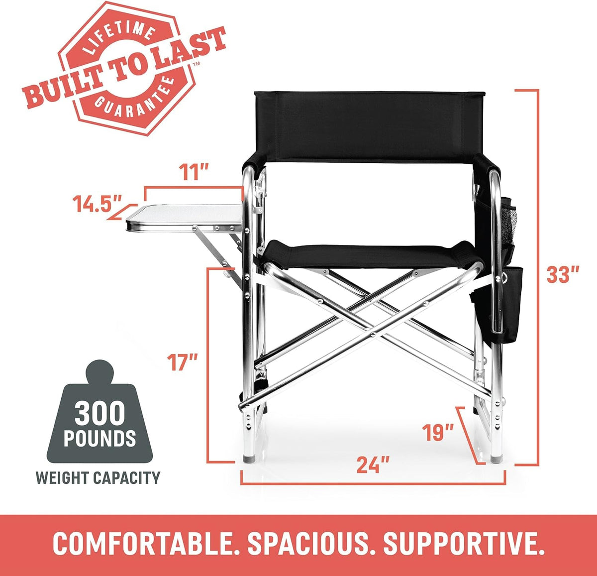 Sports Chair with Side Table and Armrest Caddy, Lightweight Aluminum Folding Outdoor Camping Chair for Adults, Portable Director Style Lawn Seating with Pockets & Carry Strap, (Red)