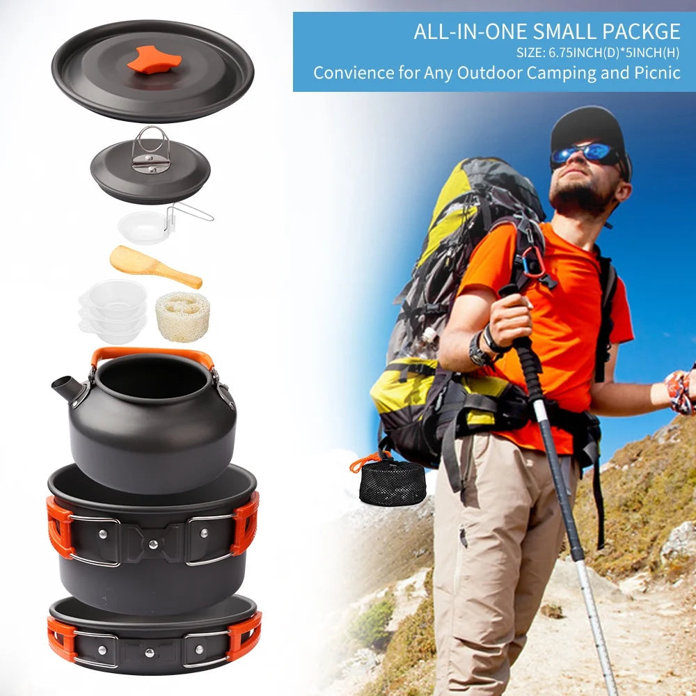 Camping Cookware Set Camping Gear Camp Mess Kit Campfire Utensils Non-Stick Cooking Equipment Lightweight Stackable Pot Pan Bowls with Storage Bag for Outdoor Hiking