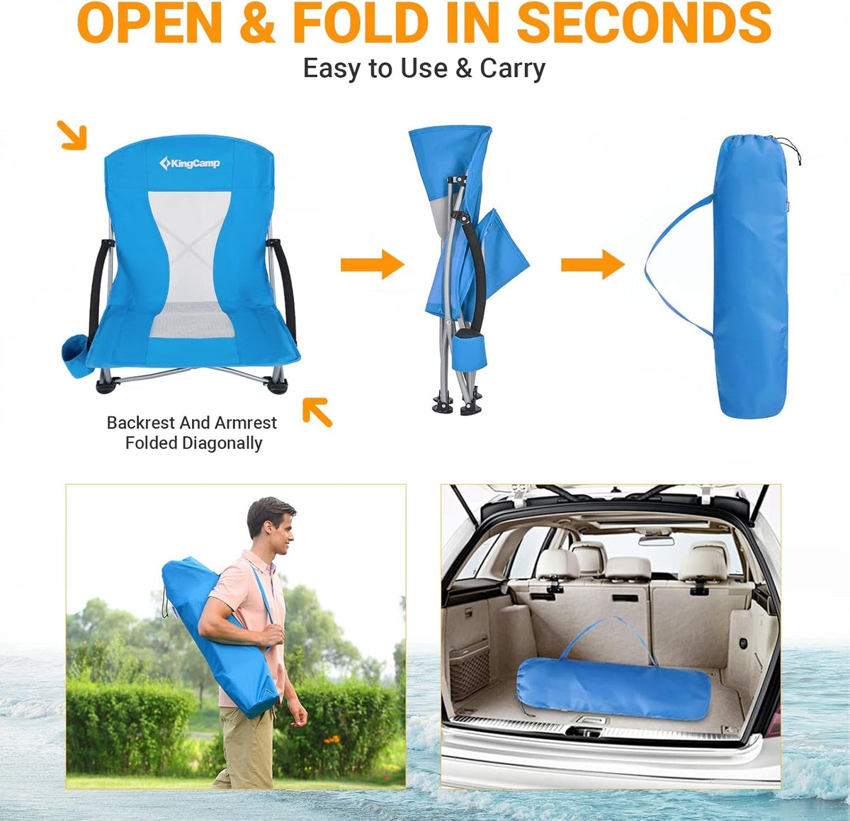 Low Beach Chairs, Folding Portable Chair for Adults Lightweight Extra Wide Seat 300Lbs Heavy Duty Oversized Backpack, Carry Bag for Camping Ergobreeze C Blue 2Pcs/Ergobreeze Classic Mesh Wide