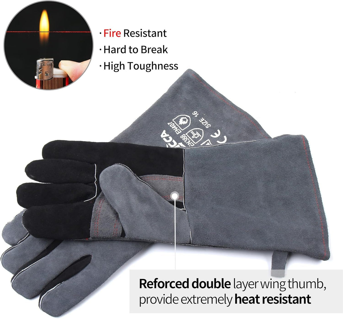 Fireplace Fire Pit Gloves, 662°F Fireproof Leather, 16 in Grey | for Wood Stove, Campfire, Charcoal, Cast Iron, BBQ Grill, Oven, Stick & MIG Welding, Forge, Dry Ice