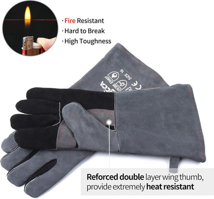 Fireplace Fire Pit Gloves, 662°F Fireproof Leather, 16 in Grey | for Wood Stove, Campfire, Charcoal, Cast Iron, BBQ Grill, Oven, Stick & MIG Welding, Forge, Dry Ice