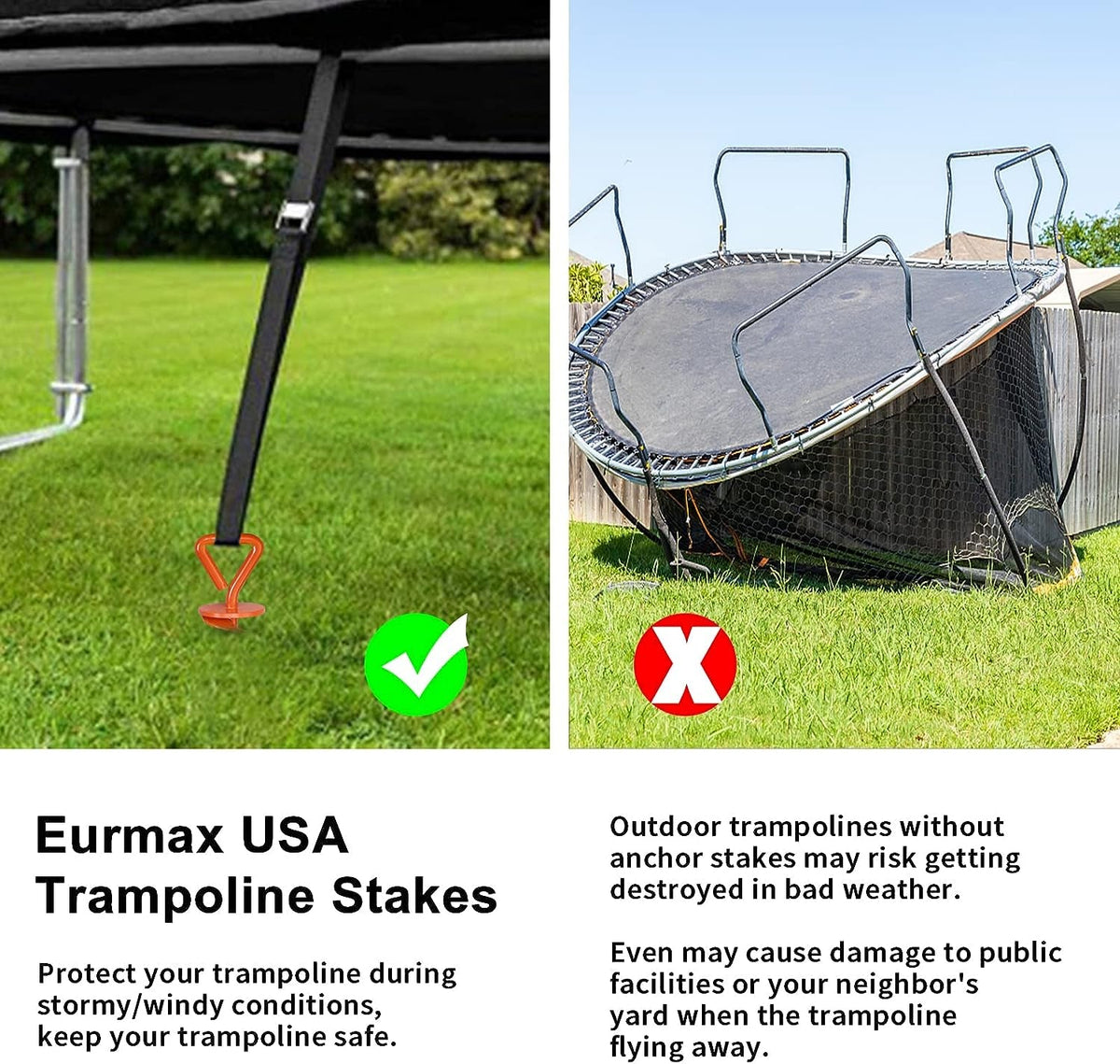 USA 4 Pack Heavy Duty Ground Stakes,Industrial Grade Spiral Steel Screw-In Trampoline Anchors with 4 Reinforced Straps,High Wind Stabilizing Kit for Dog Tie-Out,Canopies,Sheds,Swing Sets,Orange