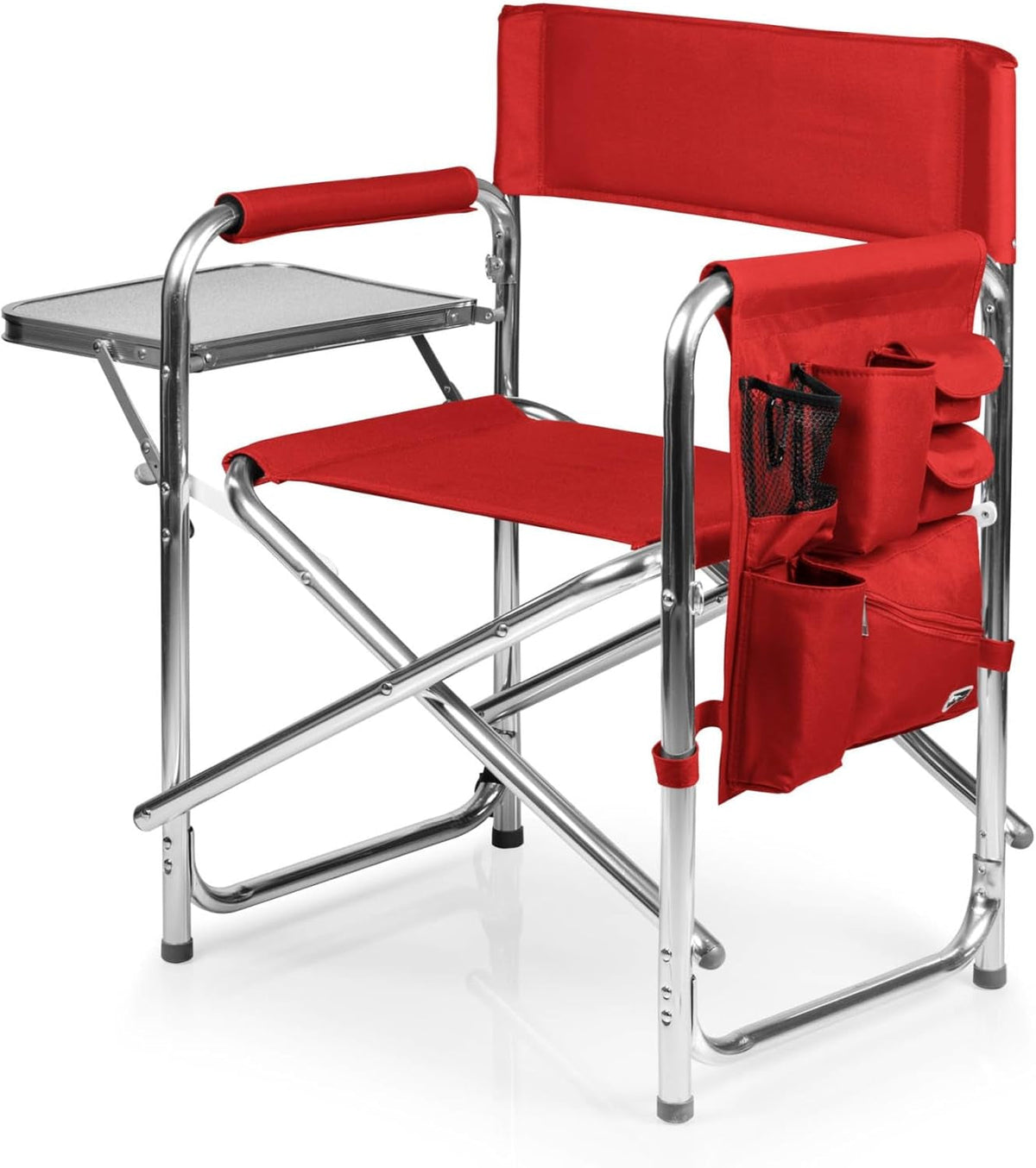 Sports Chair with Side Table and Armrest Caddy, Lightweight Aluminum Folding Outdoor Camping Chair for Adults, Portable Director Style Lawn Seating with Pockets & Carry Strap, (Red)