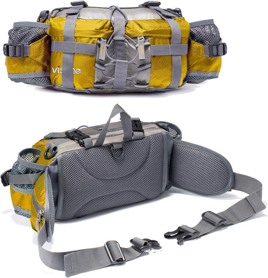 Outdoor Fanny Pack Hydration Waist Pack 2 Water Bottle Holder Men Women | Medium-Large 11X5X6", Hold up to 25Oz Water Bottle, 3 Way to Wear, 7 Pockets, Breathable Mesh, Fits 28-50 Inch Waist
