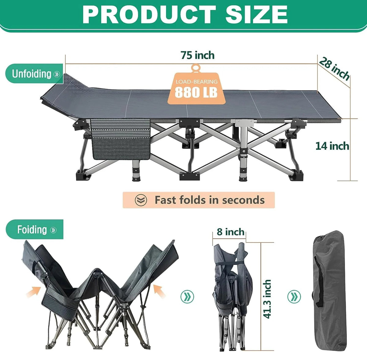 Oversized XXL Folding Camping Cot with 2-Sided Mattress, Portable Folding Cots for Adults, XXL Folding Cot Bed for Sleeping,Tent Cot, Supports 900 Lbs
