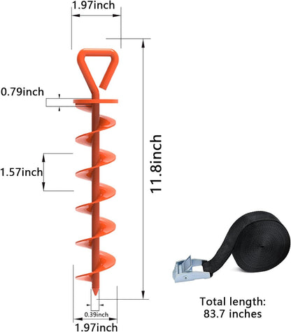 USA 4 Pack Heavy Duty Ground Stakes,Industrial Grade Spiral Steel Screw-In Trampoline Anchors with 4 Reinforced Straps,High Wind Stabilizing Kit for Dog Tie-Out,Canopies,Sheds,Swing Sets,Orange