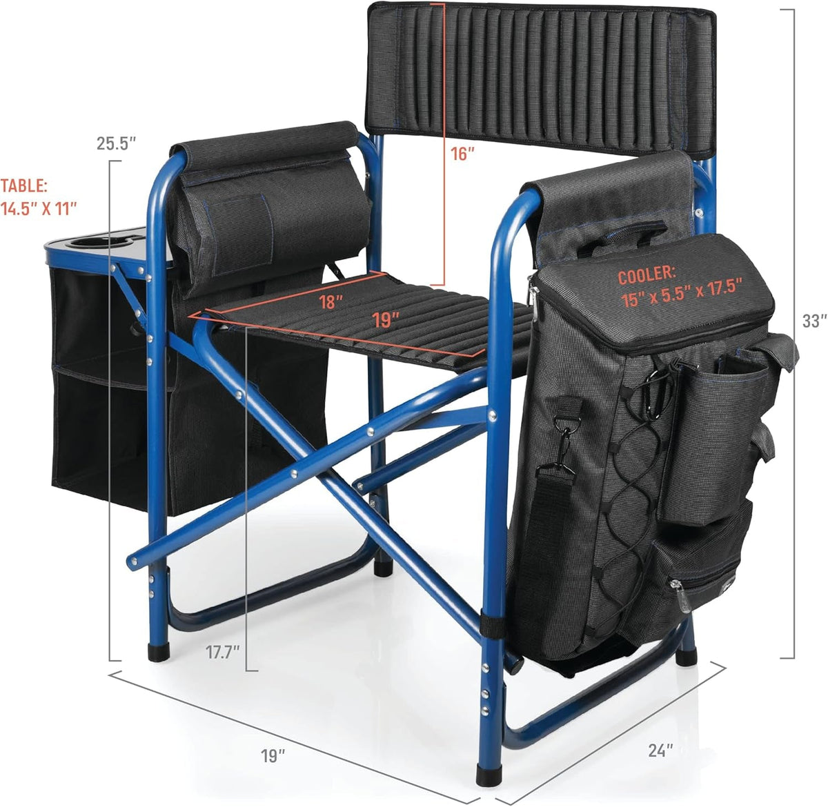 Fusion Camping Chair with Side Table and Soft Cooler, Outdoor Foldable Padded Camping Chairs with Cup Holder for Lawn, Beach, & Sports Use for Adults, (Dark Gray Blue Accents)
