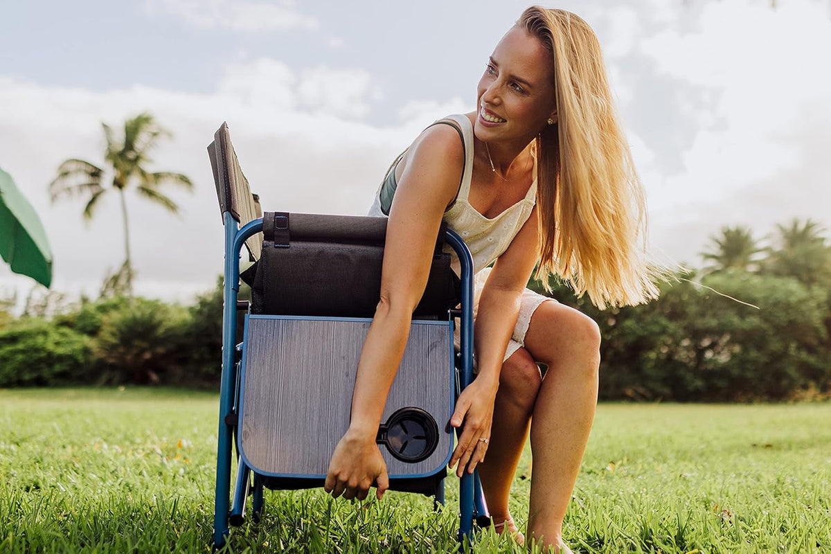 Fusion Camping Chair with Side Table and Soft Cooler, Outdoor Foldable Padded Camping Chairs with Cup Holder for Lawn, Beach, & Sports Use for Adults, (Dark Gray Blue Accents)