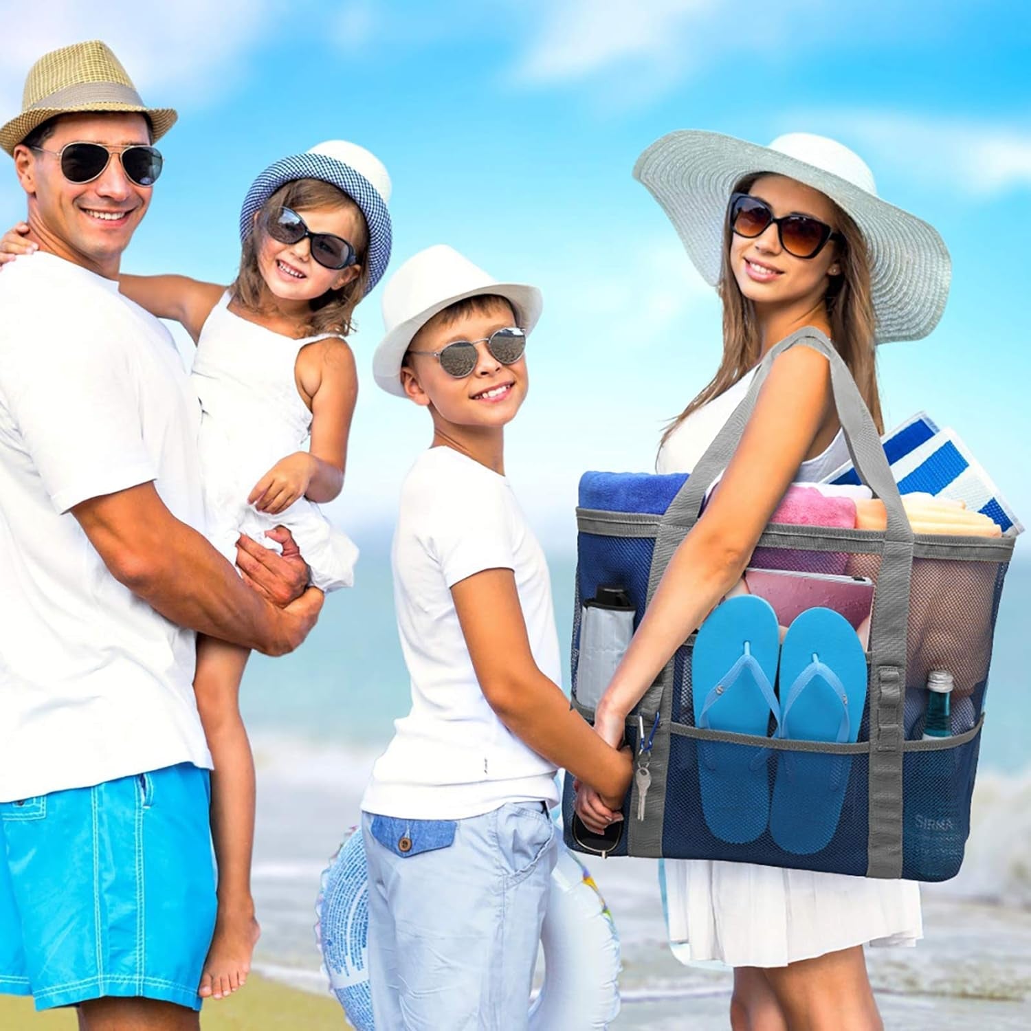 Mesh Beach Bag Family - Large Travel Tote Bag for Beach Pool Cruise | 9 Pockets, Quick Dry, with Zipper Pocket, Portable Mesh Beach Tote Bag for Sand Toys, Towels, Pool, Travel Beach Essentials