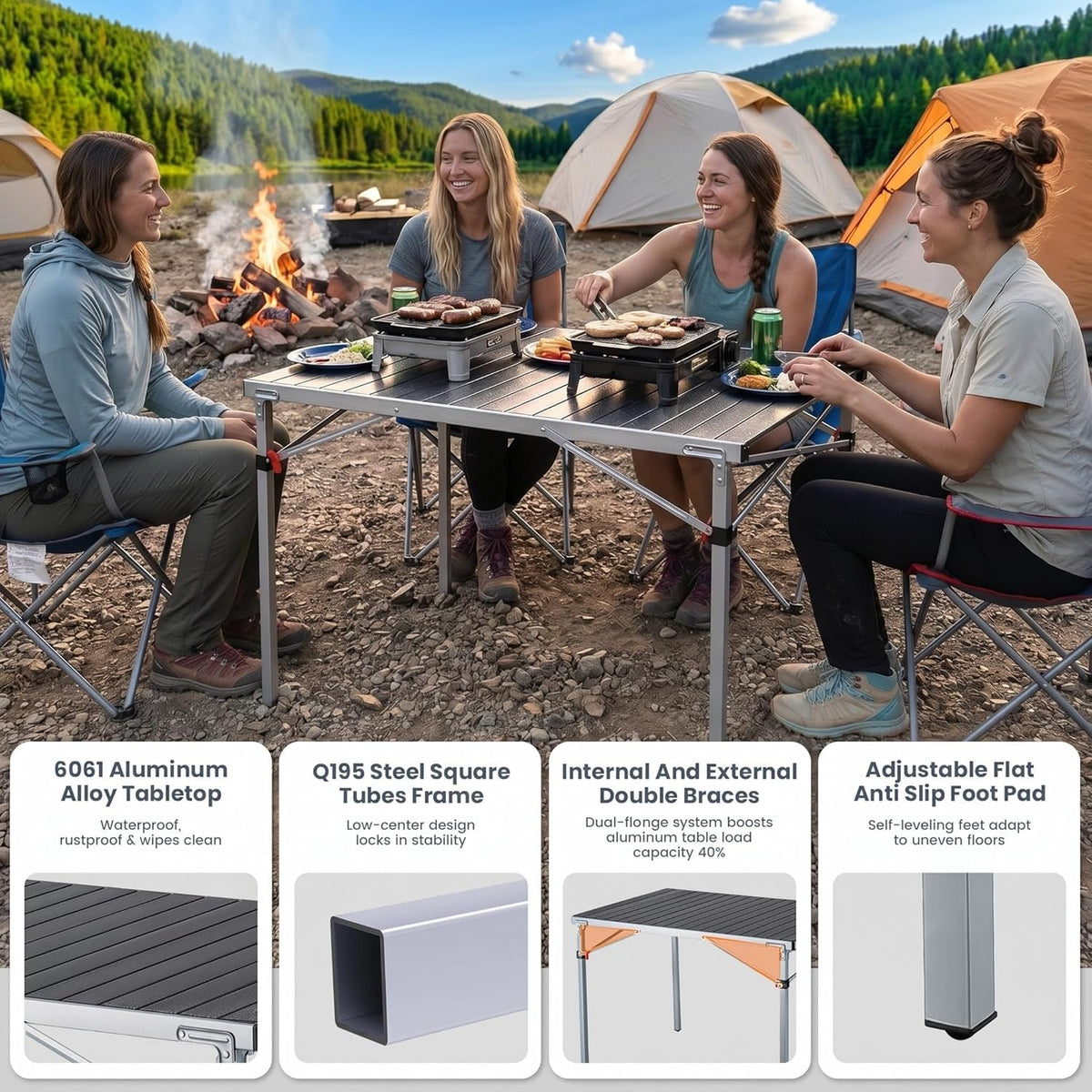 Aluminum Folding Camping Table, 42.1" Foldable Lightweight Roll up Camp Table Heavy Duty 2-6 People Portable Table for Camping Picnic BBQ RV, Indoor & Outdoor, Silver Black