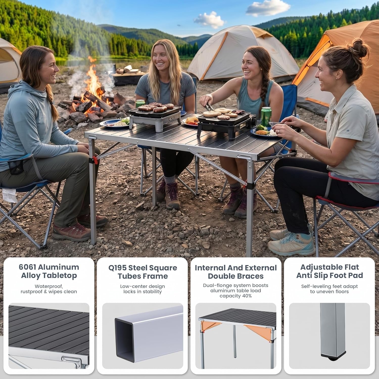 Aluminum Folding Camping Table, 42.1" Foldable Lightweight Roll up Camp Table Heavy Duty 2-6 People Portable Table for Camping Picnic BBQ RV, Indoor & Outdoor, Silver Black