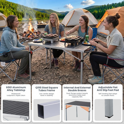 Aluminum Folding Camping Table, 42.1" Foldable Lightweight Roll up Camp Table Heavy Duty 2-6 People Portable Table for Camping Picnic BBQ RV, Indoor & Outdoor, Silver Black