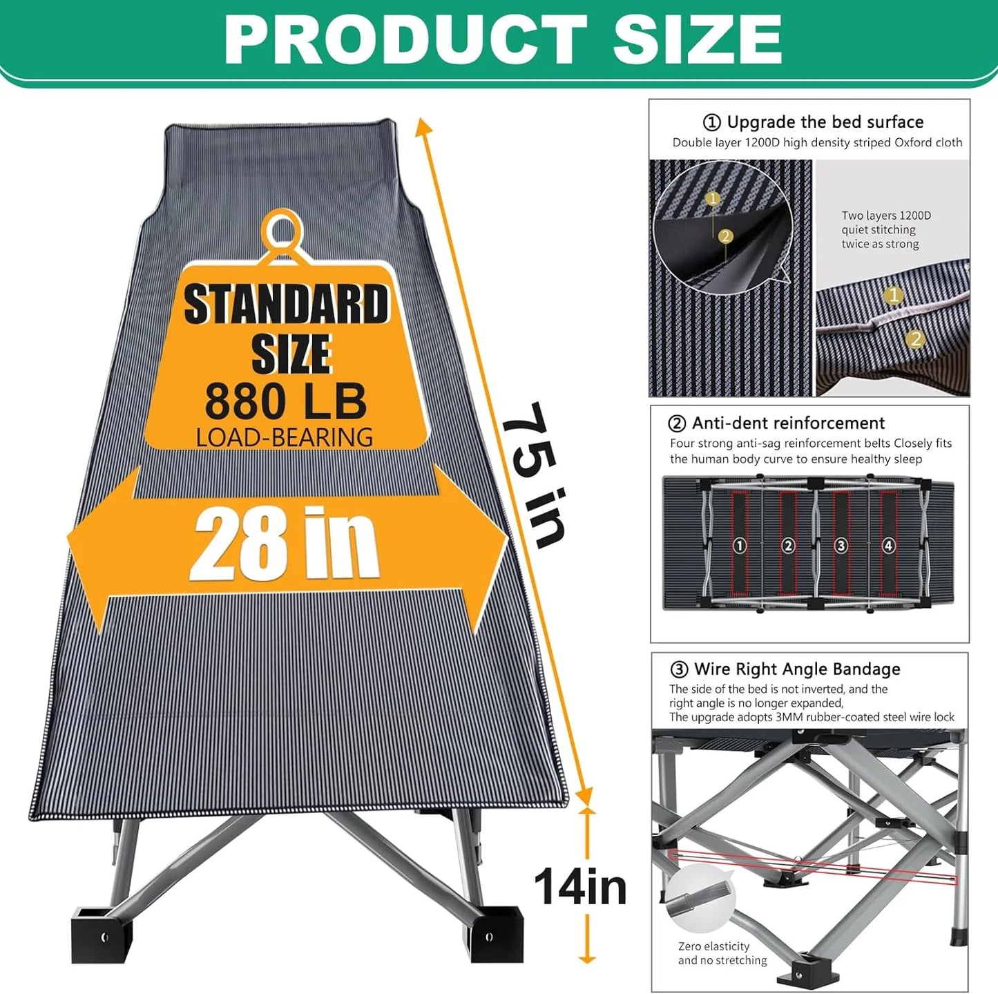Oversized XXL Folding Camping Cot with 2-Sided Mattress, Portable Folding Cots for Adults, XXL Folding Cot Bed for Sleeping,Tent Cot, Supports 900 Lbs