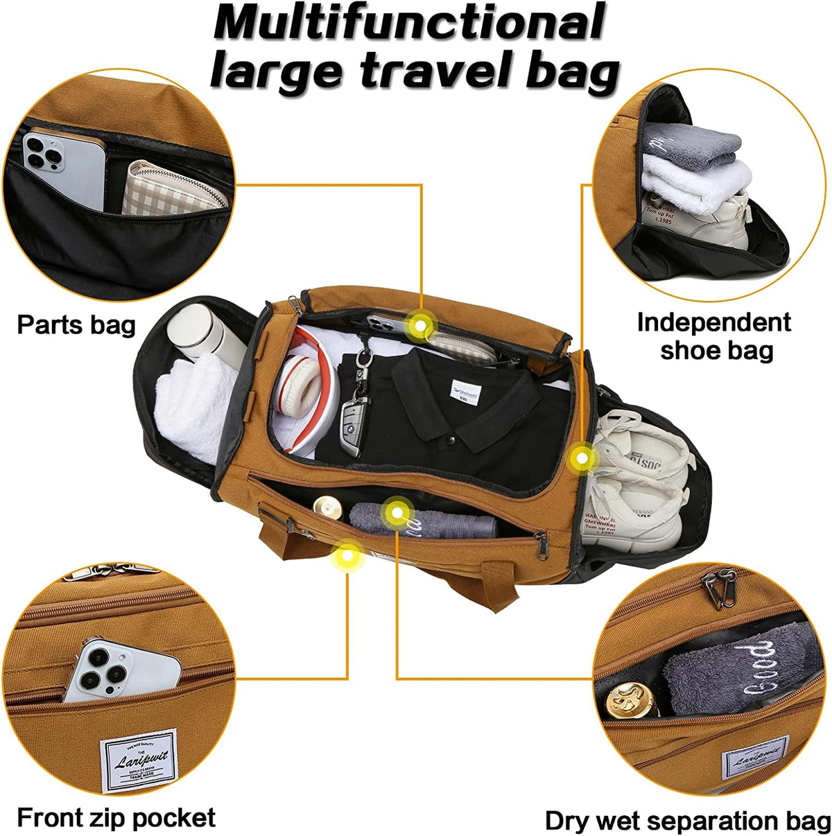 Travel Duffle Bag for Men 40L Medium Sports Gym Bag with Wet Pocket & Shoes Compartment Weekender Overnight Backpack for Traveling Duffel Bag Backpack for Women, Khaki
