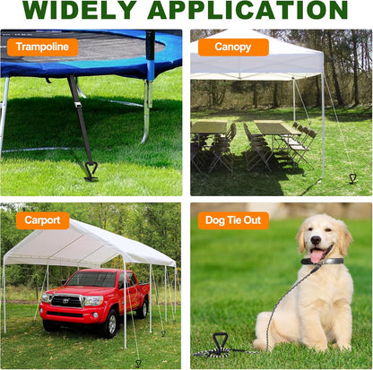 USA 4 Pack Heavy Duty Ground Stakes,Industrial Grade Spiral Steel Screw-In Trampoline Anchors with 4 Reinforced Straps,High Wind Stabilizing Kit for Dog Tie-Out,Canopies,Sheds,Swing Sets,Orange