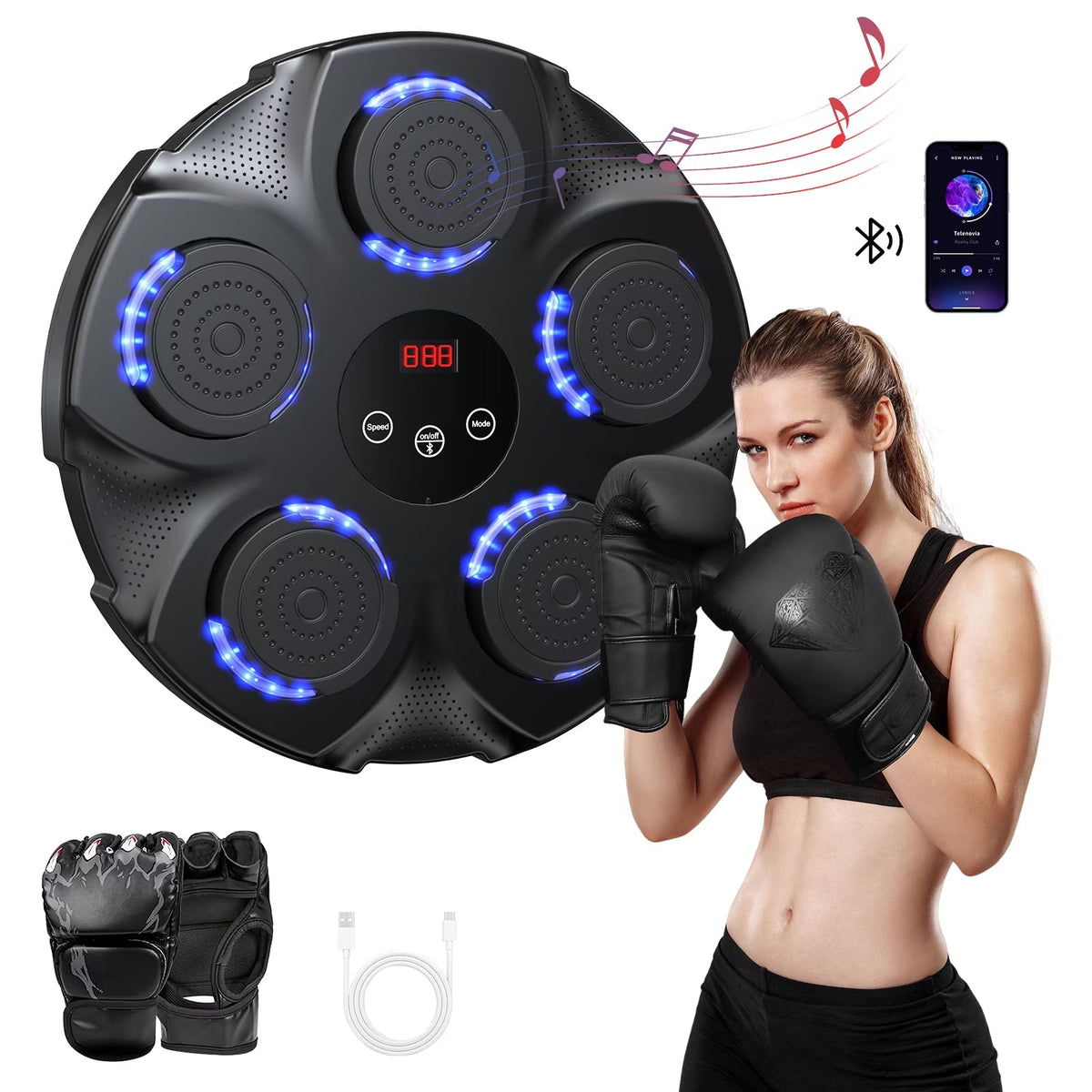 Adult Music Boxing Machine with Boxing Gloves, Oversize Wall Mounted Smart Bluetooth Music Boxing Trainer, Electronic Boxing Target Workout Punching Equipment for Home, Indoor and Gym