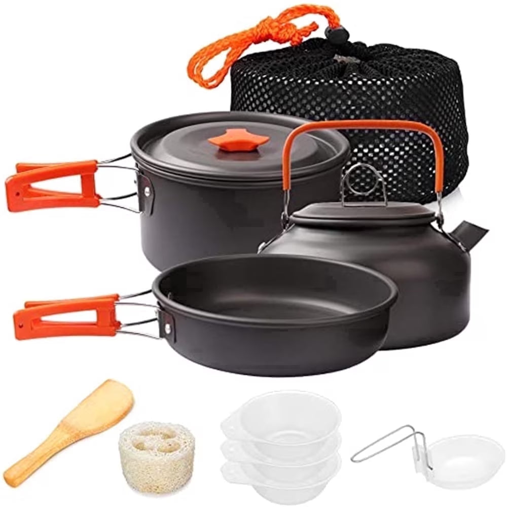 Camping Cookware Set Camping Gear Camp Mess Kit Campfire Utensils Non-Stick Cooking Equipment Lightweight Stackable Pot Pan Bowls with Storage Bag for Outdoor Hiking