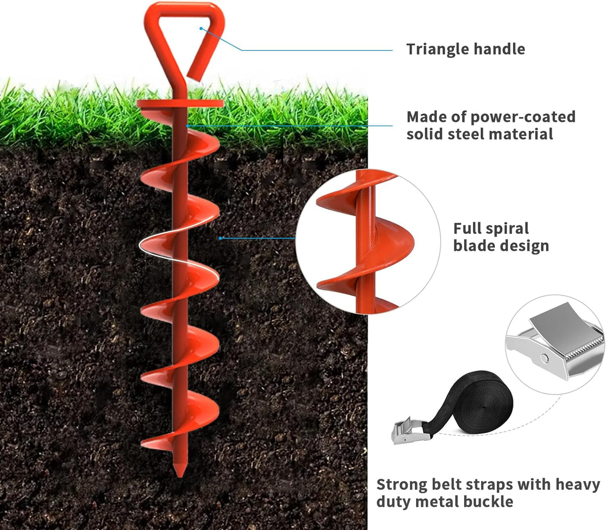 USA 4 Pack Heavy Duty Ground Stakes,Industrial Grade Spiral Steel Screw-In Trampoline Anchors with 4 Reinforced Straps,High Wind Stabilizing Kit for Dog Tie-Out,Canopies,Sheds,Swing Sets,Orange