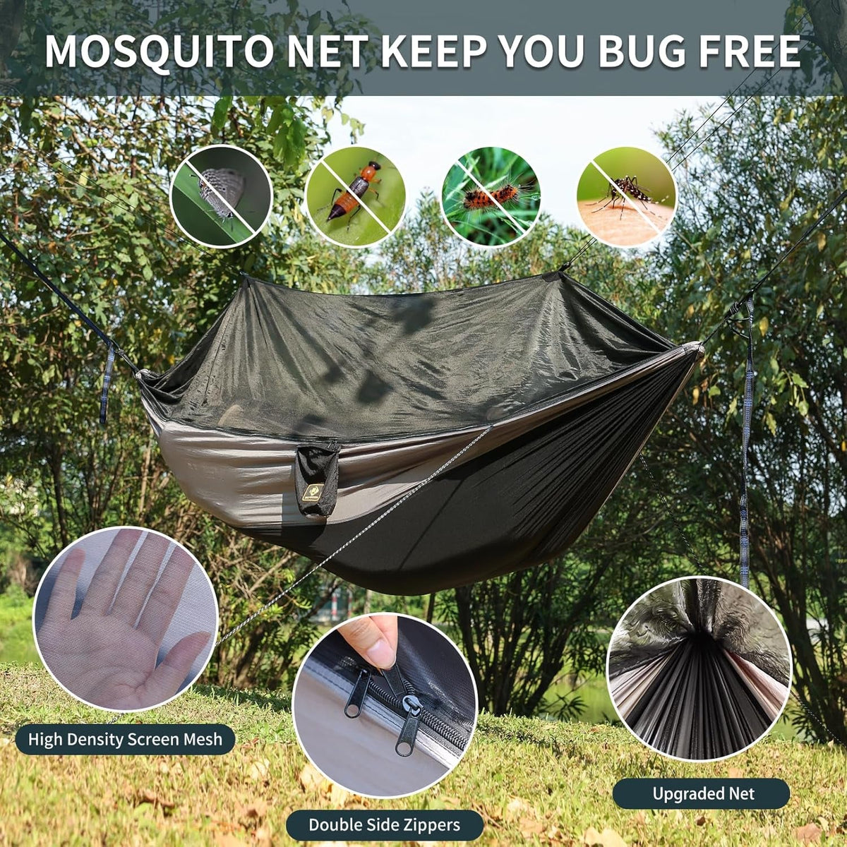 Camping Hammock with Net,Portable Lightweight Double Hammocks with Tree Straps and Solid D-Shape Hanging Hooks,Parachute Nylon Hammock for Backpacking Beach Backyard Patio Hiking